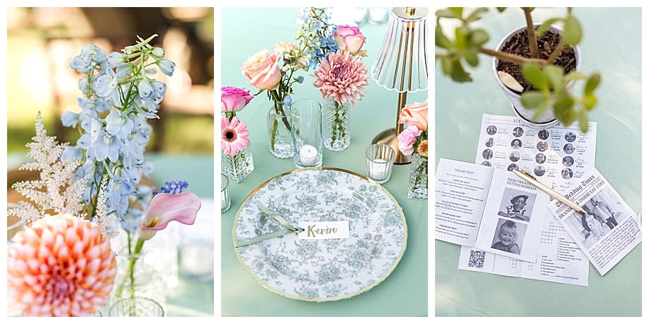 tablescape with plates and flowers at a wedding reception