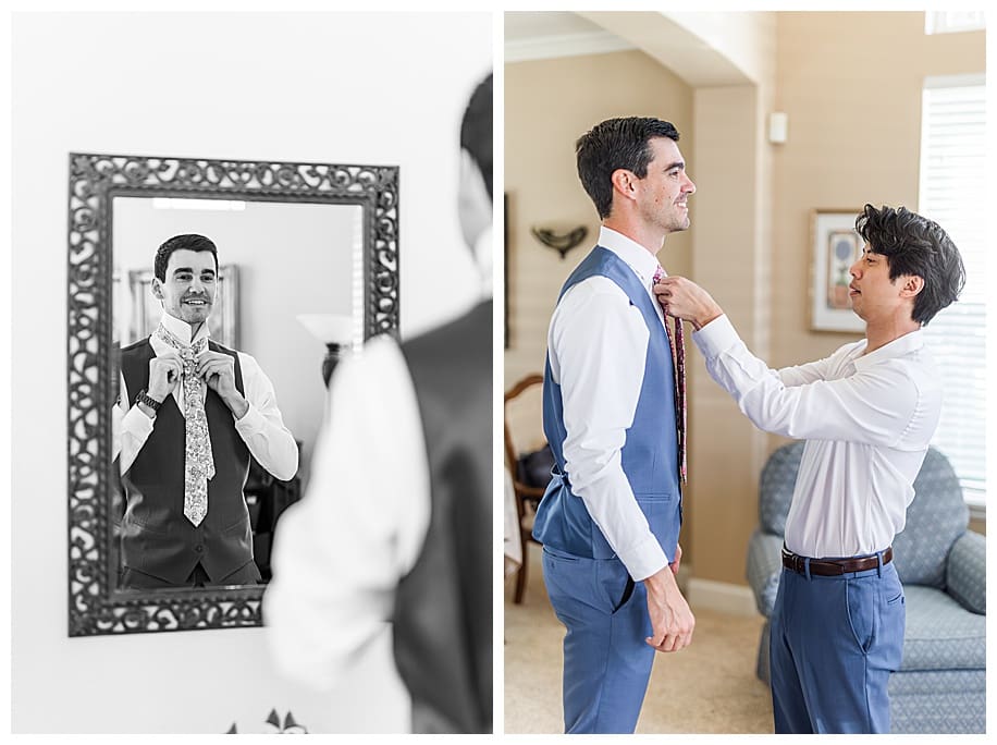 groom getting help putting on his tie