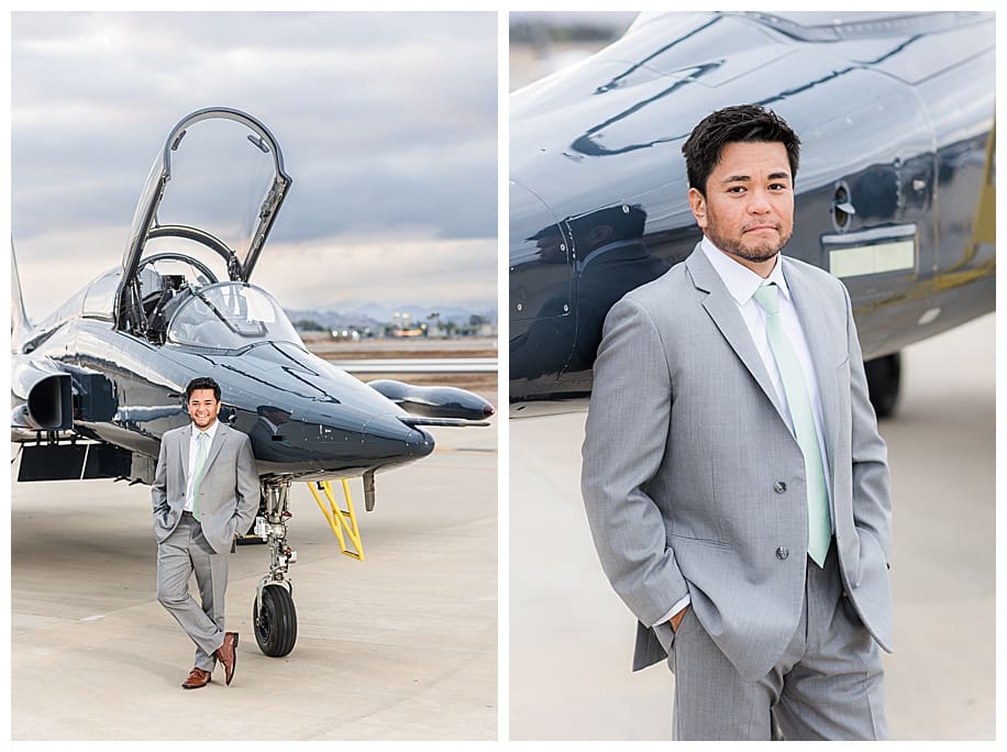 groomsmen standing in front of jet fighter in San Diego