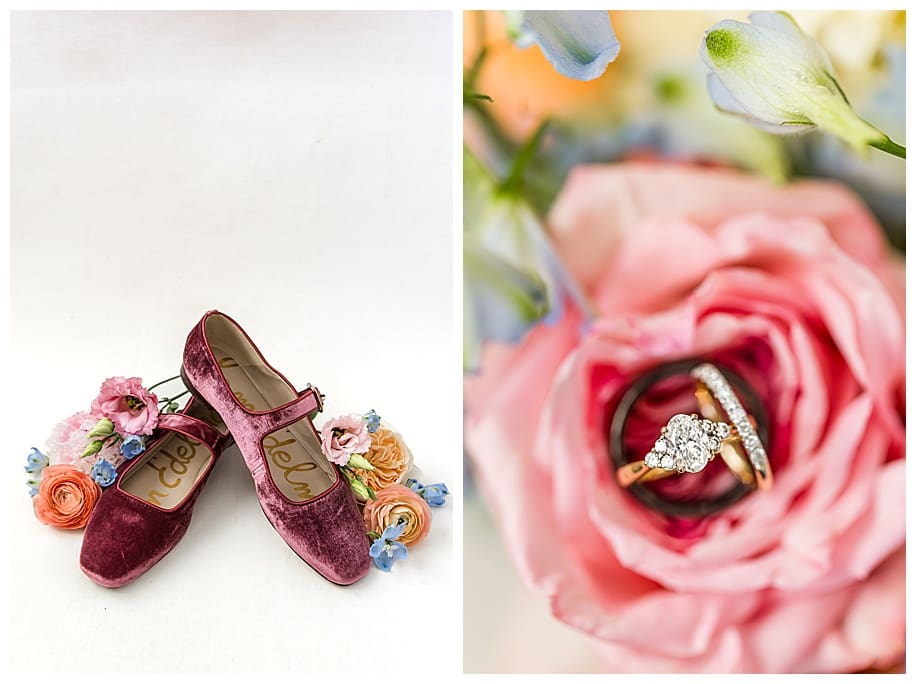 pink bridal shoes and wedding rings in pink rose
