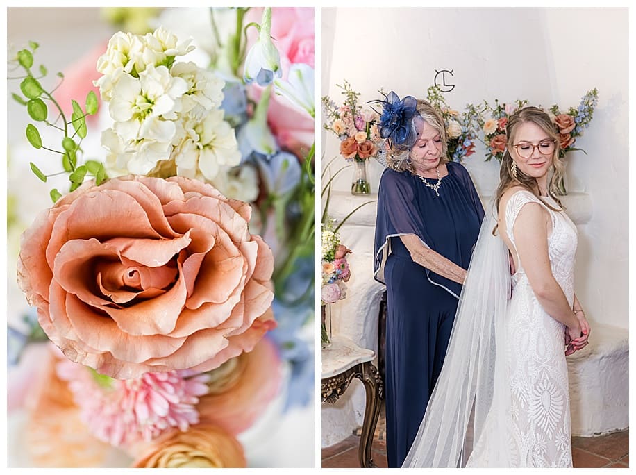 mother helping bride get dressed and pink flowers