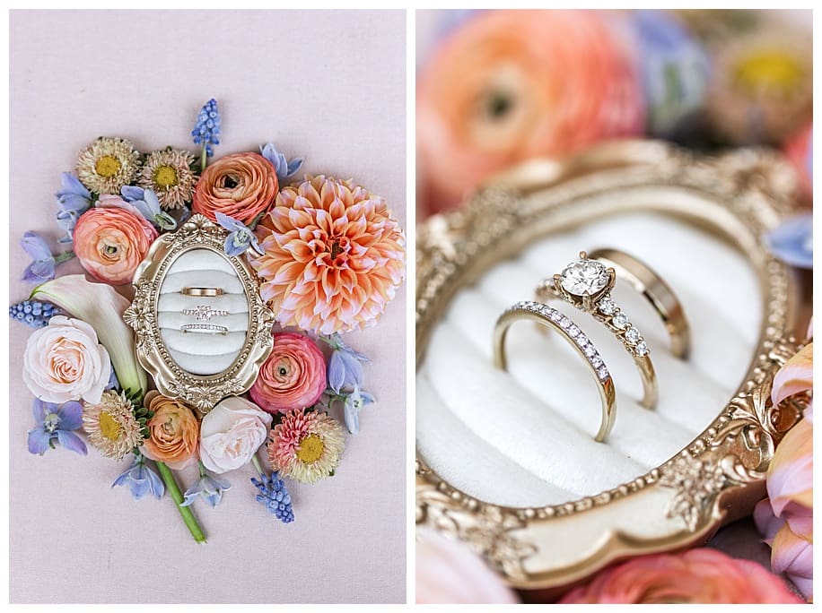 wedding rings in framed ring box with flowers